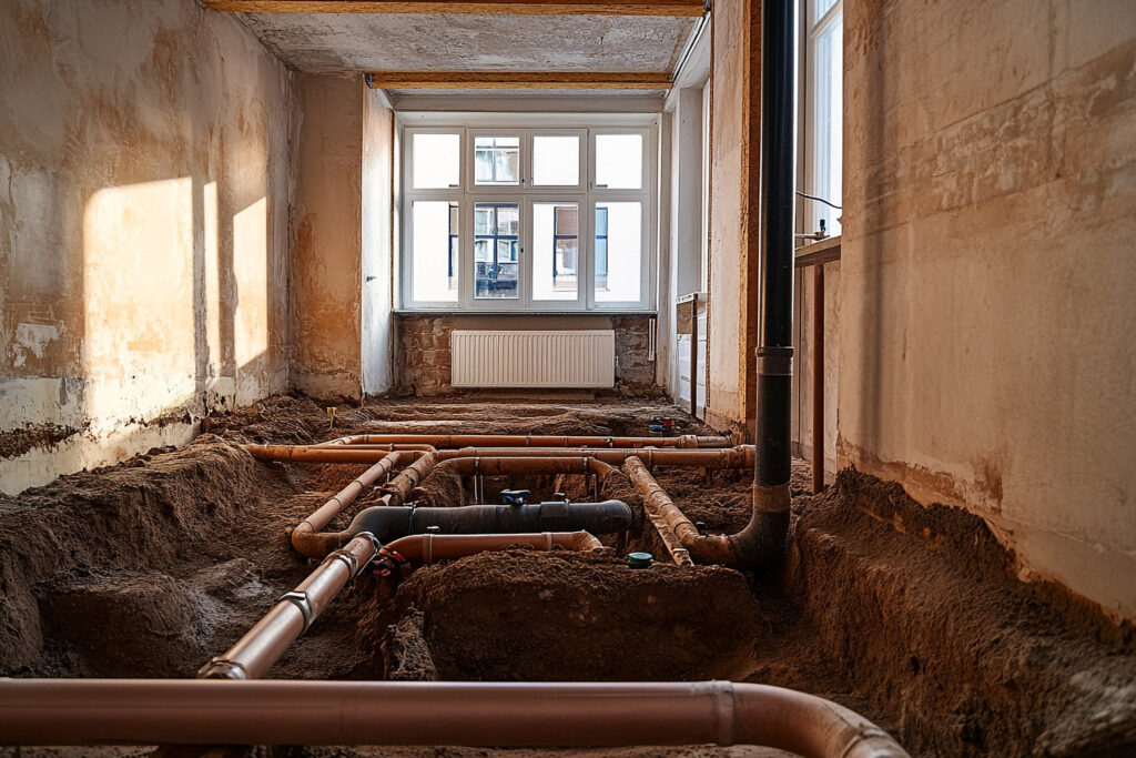 Room under renovation new pipes in the ground sunlight through w