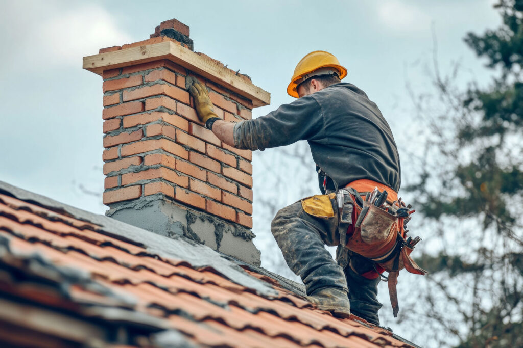 Bricklayer carefully placing bricks at height while constructing a chimney on a residential roof under a cloudy sky